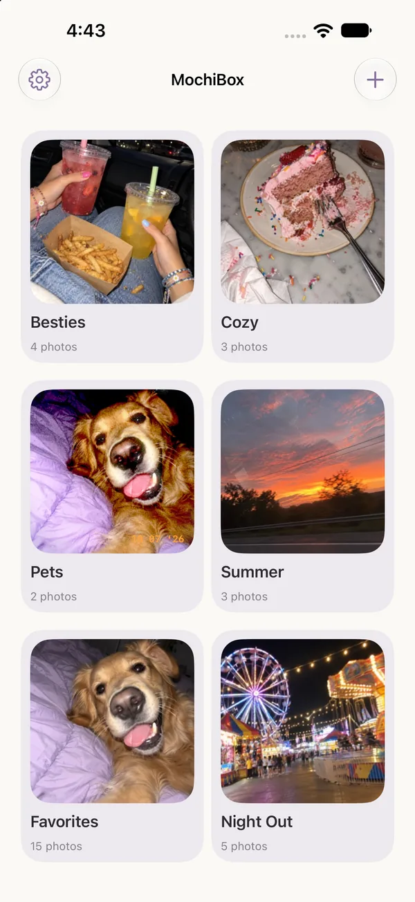 MochiBox album list with Besties, Cozy, Pets, Summer, Favorites and Night Out albums