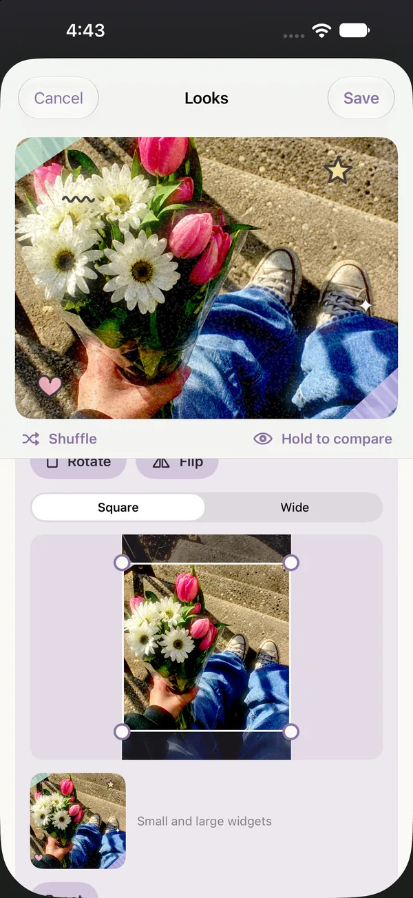 Crop editor set to Square, with corner handles around a tall section of the photo
