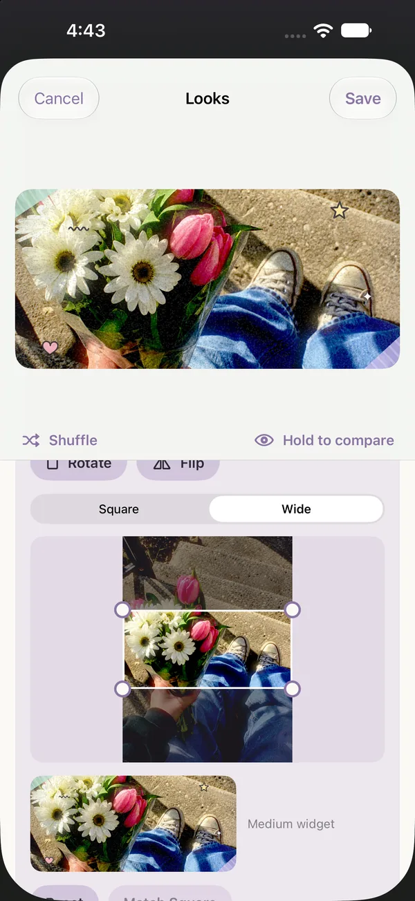Crop editor set to Wide, with a wide rectangle and a medium widget preview below