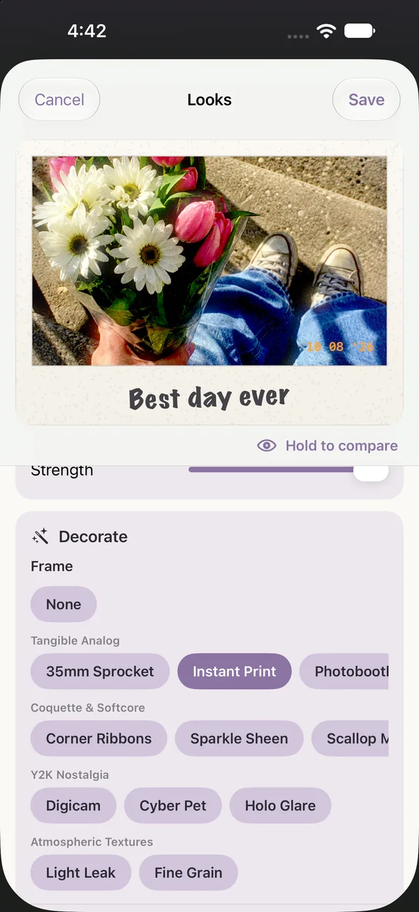 MochiBox editor with the Flashback Look, the Instant Print frame and the caption Best day ever