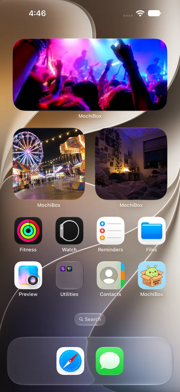 iPhone Home Screen with a medium and two small MochiBox photo widgets