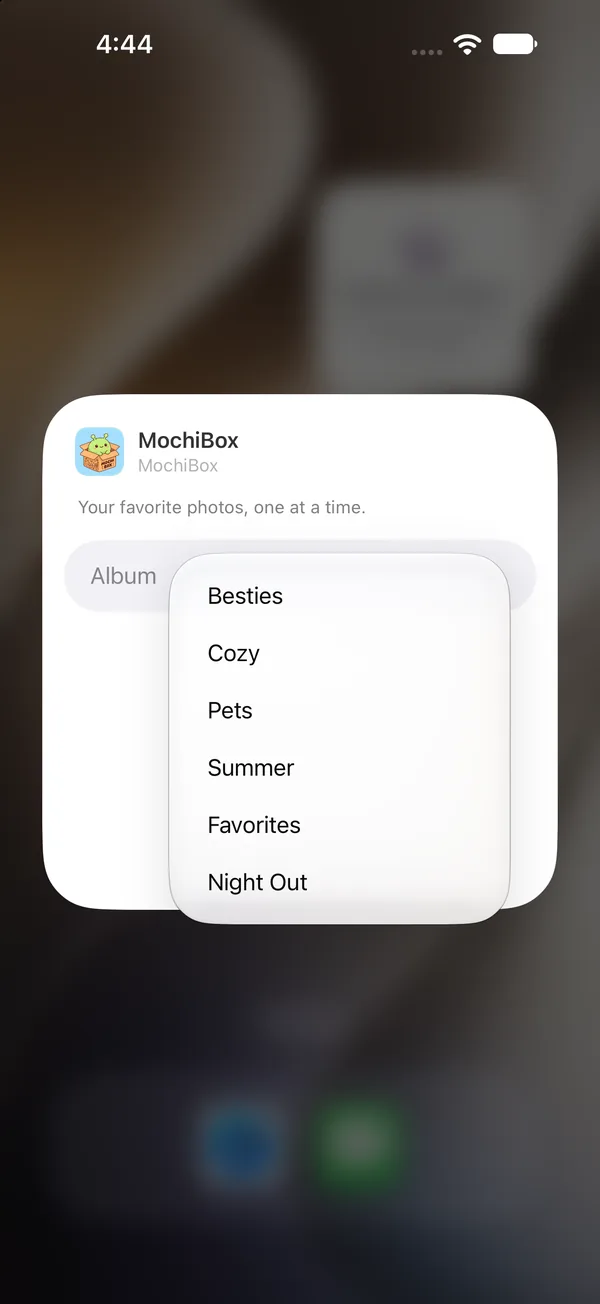 Edit Widget sheet for MochiBox with the album list open: Besties, Cozy, Pets, Summer, Favorites and Night Out