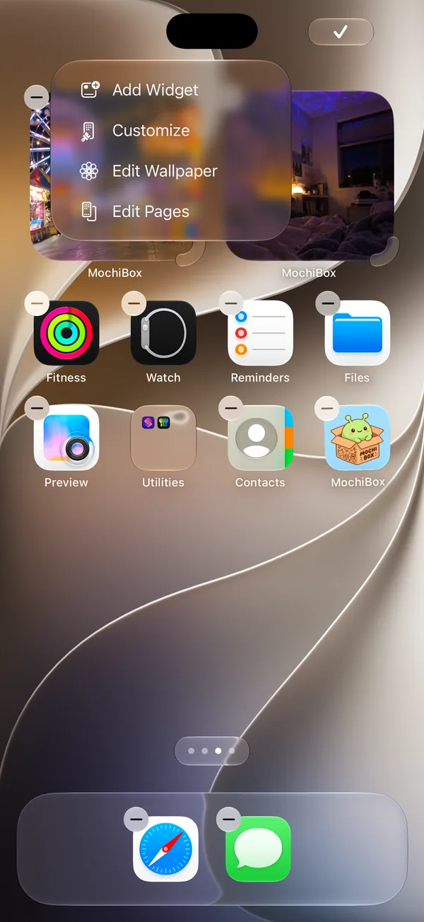 iPhone Home Screen in edit mode with the menu showing Add Widget, Customize, Edit Wallpaper and Edit Pages