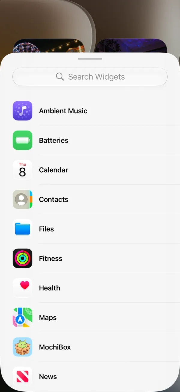 The Add Widget list on iPhone with MochiBox among the apps