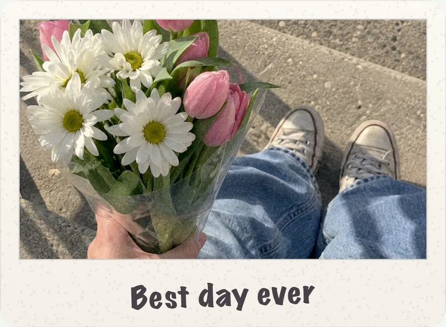The same photo with the Instant Look: faded instant-film color in a white border with the handwritten caption Best day ever